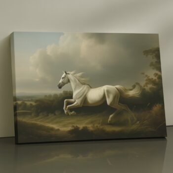 White stallion canvas print galloping in storm-lit field – equestrian wall art by Artfy Canvas