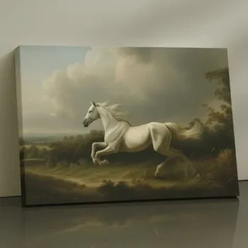 White stallion canvas print galloping in storm-lit field – equestrian wall art by Artfy Canvas