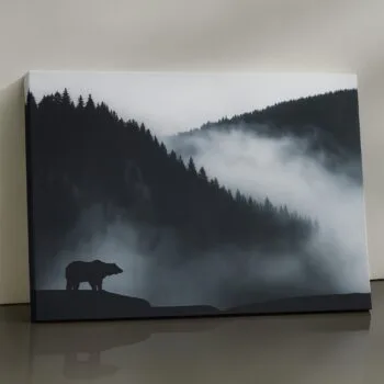 Bear in misty mountain dusk – moody wildlife canvas print décor by Artfy Canvas