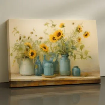 Sunflower bouquet in rustic jars – vintage floral canvas print décor by Artfy Canvas