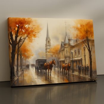 Silicon Serenity Canvas Print brings autumn city calm with carriages. Premium stretched canvas, fade-resistant, ready to hang.