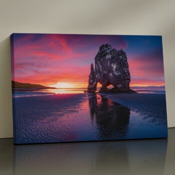 Prism Monolith Canvas Print – dramatic sunset seascape with rock stack by Artfy Canvas