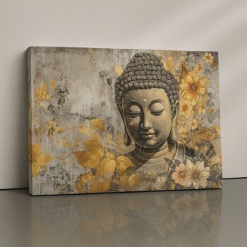 Golden Silence Canvas Print featuring Buddha in gold and grey floral design.