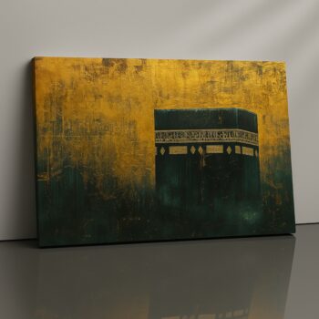 Quantum Pilgrimage Canvas Print featuring Kaaba in golden abstract tones.
