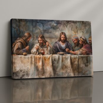 Last Supper Sync Canvas Print depicting Jesus and disciples in warm tones.