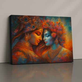 Eternal Synthesis Canvas Print featuring Radha and Krishna in vibrant tones.