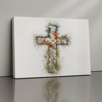Bloomed Redemption Canvas Print featuring cross made of flowers.