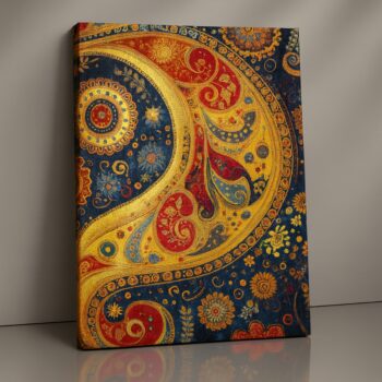 Golden Paisley traditional motif canvas print in gold and red, cultural Indian décor for festive and modern homes