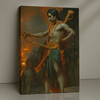 Lord Rama heroic canvas print in fiery tones, devotional and spiritual Indian décor