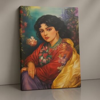 Floral Grace feminine portrait canvas print with flowers and cultural attire, elegant wall décor