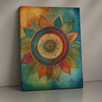 Radiant Mandala geometric canvas print in fiery tones, spiritual wall art for meditation