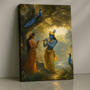 Krishna Radha divine melody canvas print with flute and peacocks, spiritual love artwork