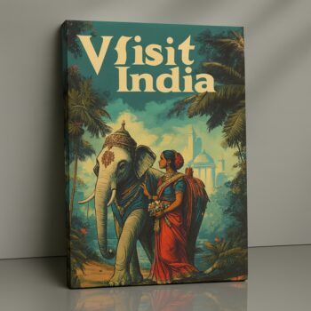 Timeless Journey vintage India canvas print with elephant and cultural motifs