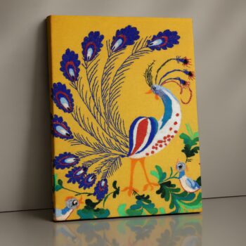 Regal Peacock festive canvas print with bold feathers on yellow backdrop