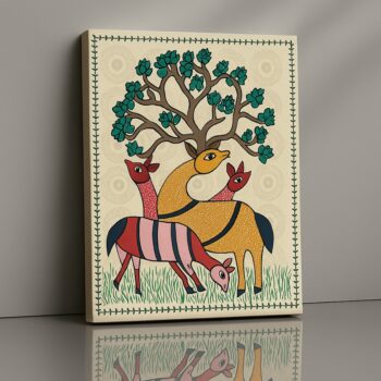 Forest Harmony deer under tree folk canvas print, eco-conscious Indian home décor