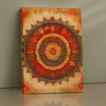 Fiery Mandala lotus motif canvas print with bold reds and oranges, spiritual wall art