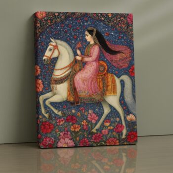 Floral Rider Mughal-inspired canvas print with horse and floral motifs