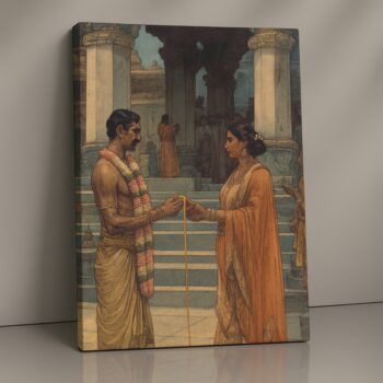 Sacred Union devotional canvas print with garlands and temple architecture