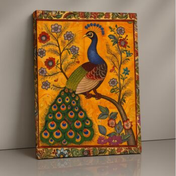 Majestic Peacock regal canvas print with vibrant feathers on golden background