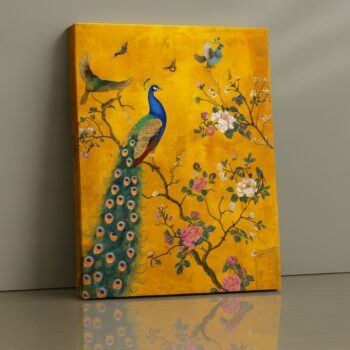 Golden Plumage peacock canvas print with golden background and blossoms