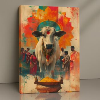 Sacred Cow devotional canvas print with saffron and teal accents