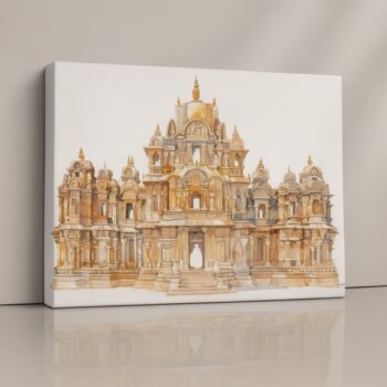 Temple-inspired spiritual wall art canvas print with warm lighting.