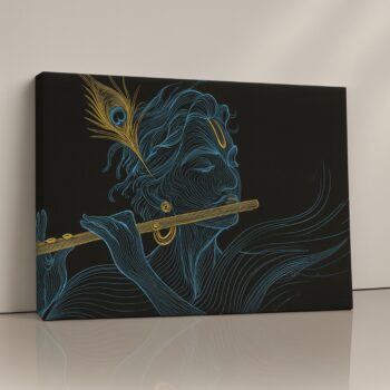 Lord Krishna playing flute blue-tone spiritual canvas print.