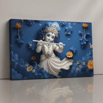 Lord Krishna playing flute in sapphire-blue spiritual canvas print.