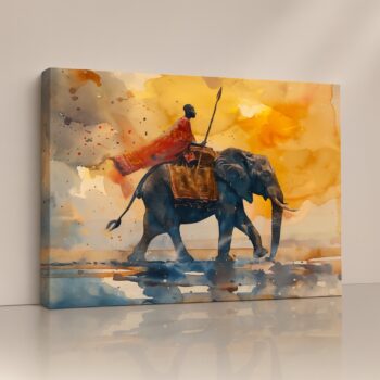 Warrior’s Journey Canvas Print featuring warrior and horse in sunset light.