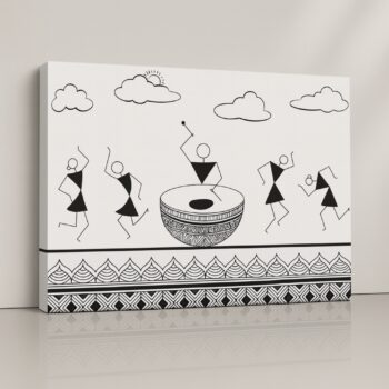 Festive Rhythm Canvas Print with Warli figures dancing in circles.