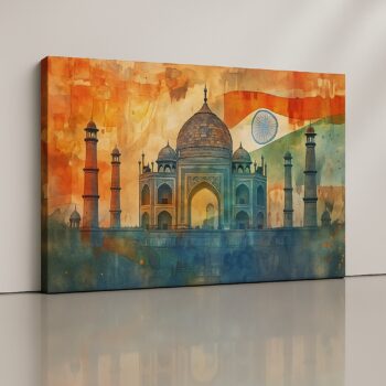 Patriotic Taj Canvas Print with Taj Mahal and Indian flag in tricolor palette.