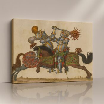 Knight’s Duel Canvas Print featuring two warriors fighting under dramatic sky.