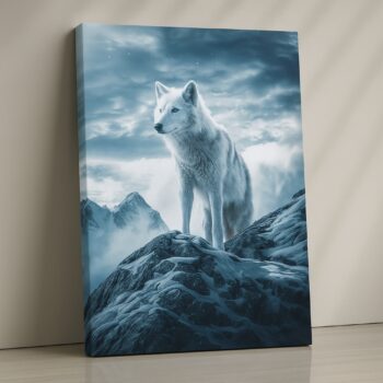 White wolf standing over snowy mountains print