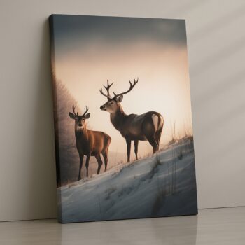 Two deer standing on snowy hill during sunrise print