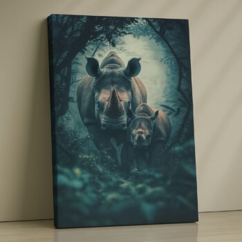 Rhino mother and calf emerging from teal forest mist canvas