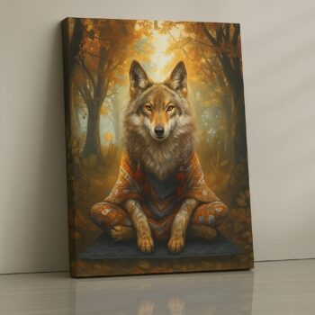 Wolf monk in meditative pose inside forest print