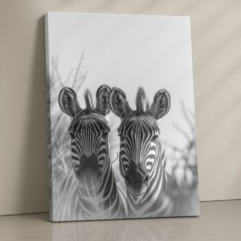Two zebras standing close together in misty grayscale print