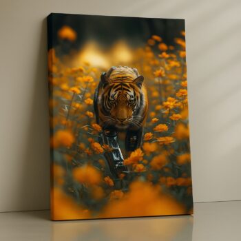 Tiger emerging through golden flowers print
