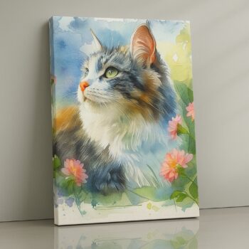 Pastel watercolor cat portrait on canvas.