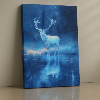 Moonlit deer illustration on canvas.