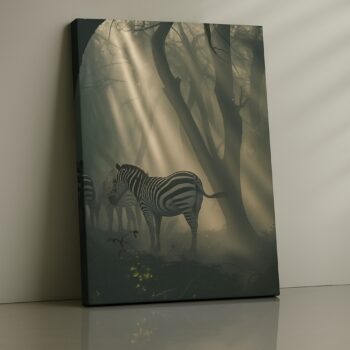 Wolf emerging from forest shadows on canvas.