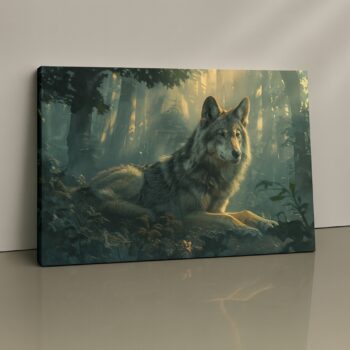 calm wolf resting in golden forest print