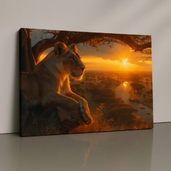 lioness watching sunset canvas print