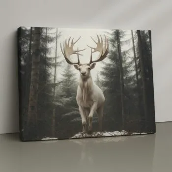 white stag in snowy forest print