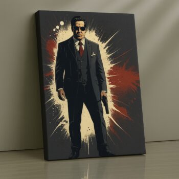 Mafia enforcer in dramatic red-noir splatter print