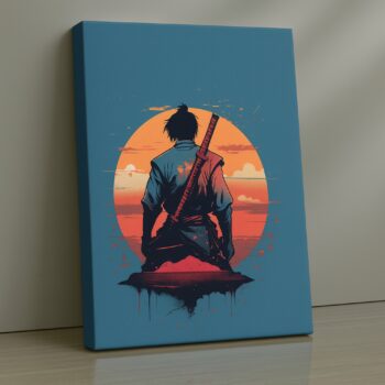 Hooded ninja resting beneath bright crimson moon print