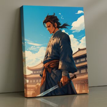 Calm samurai practicing with sword at sunrise print