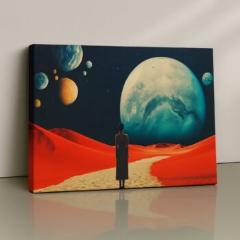 Solitary figure facing planets in cosmic landscape print