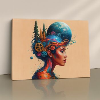 Human profile blending trees, water, and mechanical elements print