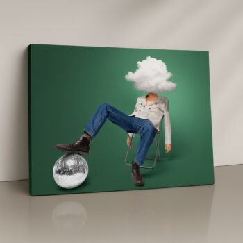 Calm female face emerging from soft pastel cloud forms print